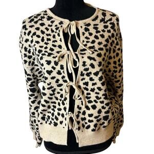 Sunday Edition Leopard Print Tie Front Cardigan Size L Coquette Bow Knit​​